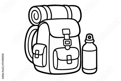 Camping Gear Illustration. Camping coloring page: backpack with sleeping bag rolled on top, water bottle nearby, black and white