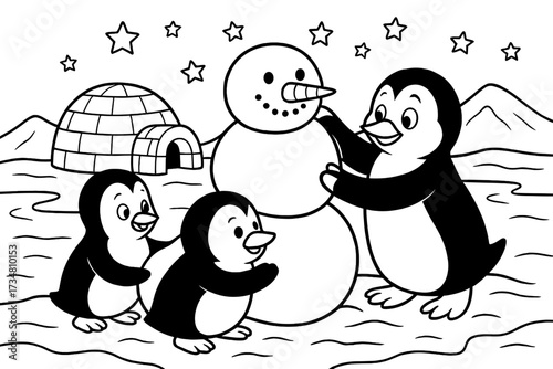 Penguins in Arctic Wonderland. Arctic world coloring page: penguins building snowman, igloo in background, stars in sky, black and
