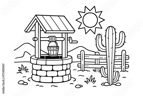Wild West Oasis. Desert & Wild West coloring page: water well with bucket, wooden fence and cactus nearby, desert sun shining,