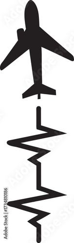 Airplane silhouette with jagged line symbolizing turbulence or flight path