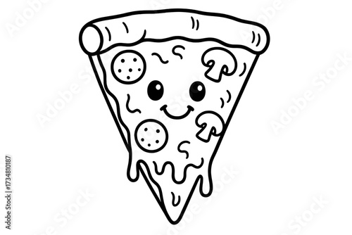 Smiling Pizza Slice. Food coloring page: slice of pizza with smiling face, cheese dripping, pepperoni and mushrooms, black and
