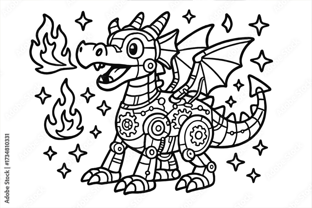 Obraz premium Robot Dragon Adventure. Robots & Gadgets coloring page: robot dragon with gears and wires, flames and stars around, black and