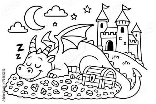Sleeping Dragon Treasure. Princess & Knights coloring page: dragon sleeping on treasure near castle, moon shining above, black and