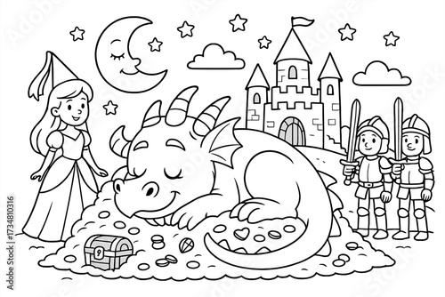 Sleeping Dragon Treasure. Princess & Knights coloring page: dragon sleeping on treasure near castle, moon shining above, black and