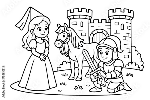 Knight at Castle Gate. Princess & Knights coloring page: knight polishing sword beside horse, castle gate behind, black and white