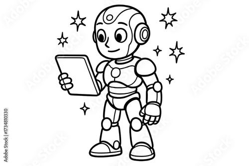 Android Coloring Adventure. Robots & Gadgets coloring page: humanoid android with tablet in hand, sparks floating around, black