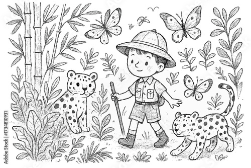 Whimsical Jungle Exploration. Whimsical jungle exploration drawing with butterflies, leopards, and bamboo in black and white