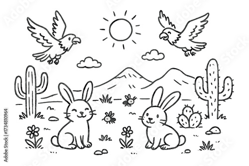 Desert Wildlife Sketch. Happy desert sketch with rabbits, eagles, and little insects in black and white isolated transparent
