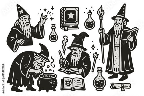 Medieval Magic Illustration. Whimsical medieval illustration with wizards, potions, and spell books in black and white isolated
