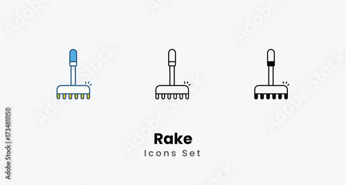 Rake icon - Gardening and Landscaping Tool Symbol in Line and Flat Style and black Glyph Vector ilustration