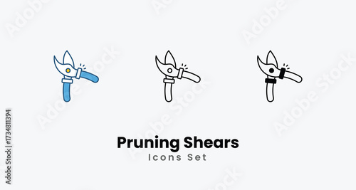 Pruning Shears icon - Gardening and Landscaping Tool Symbol in Line and Flat Style and black Glyph Vector ilustration