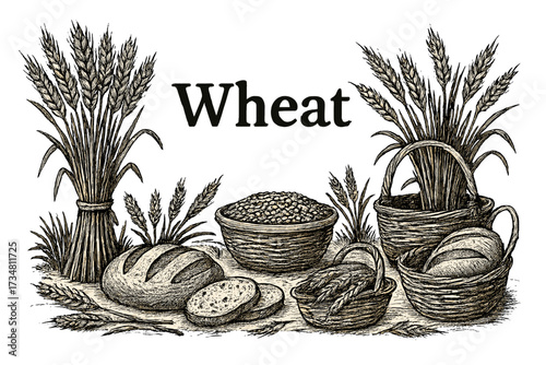 Wheat Harvest Charm. Charming farm harvest with wheat, bread, and baskets, center word “Wheat” in black and white isolated
