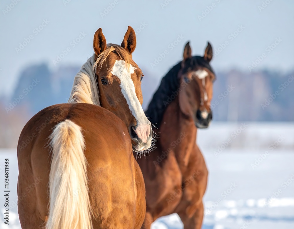 Fototapeta premium Two horses in winter scenery