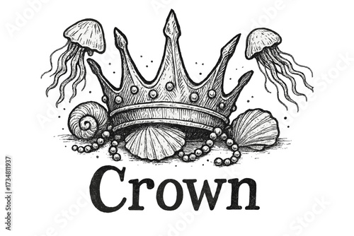 Lost Sea Crown. Hand-drawn lost crown with shells, pearls, and jellyfish, center word “Crown” in black and white isolated