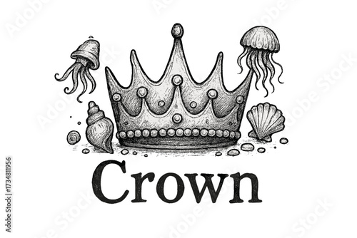Lost Sea Crown. Hand-drawn lost crown with shells, pearls, and jellyfish, center word “Crown” in black and white isolated