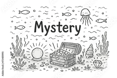 Deep Sea Mystery. Doodle mysterious deep sea with glowing treasures and fish, center word “Mystery” in black and white isolated