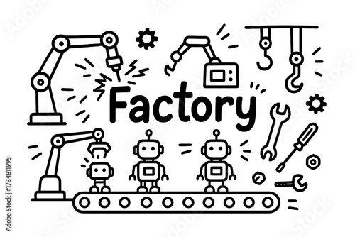 Robotic Factory Doodle. Doodle robotic factory with conveyor belts, sparks, and tools, center word “Factory” in black and white