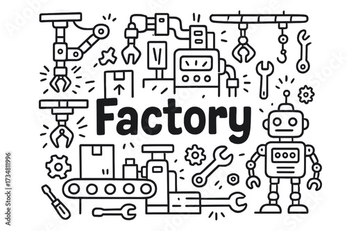 Robotic Factory Doodle. Doodle robotic factory with conveyor belts, sparks, and tools, center word “Factory” in black and white
