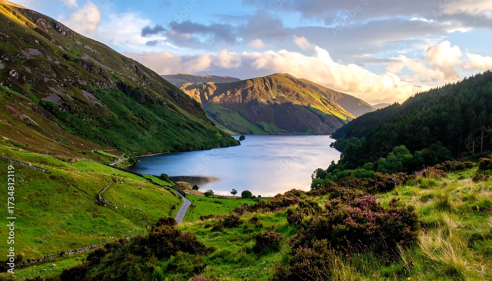 Naklejka premium Serene lake nestled in a valley surrounded by lush greenery and rolling hills under a vibrant sky.