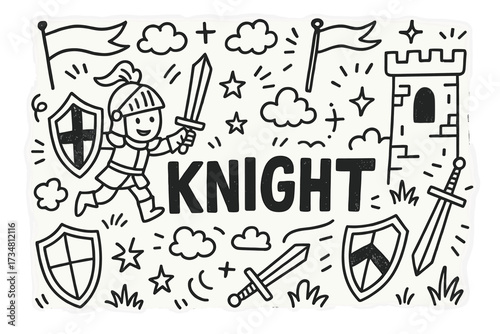 Doodle Knight Adventure. Doodle knight adventure with shields, swords, and banners, center word “Knight” in black and white