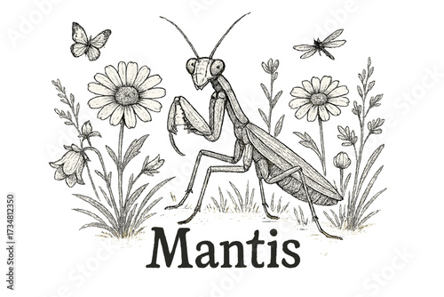 Praying Mantis Art. Hand-drawn praying mantis with flowers, grass, and insects, center word “Mantis” in black and white isolated