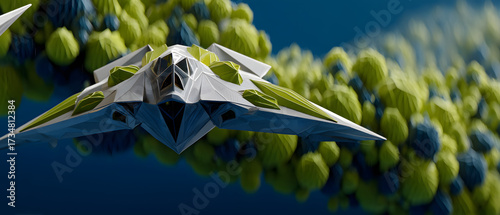 Fototapeta Naklejka Na Ścianę i Meble -  Futuristic Spaceship Fighter Jet in Flight Over an Abstract Landscape for a Science Fiction Concept