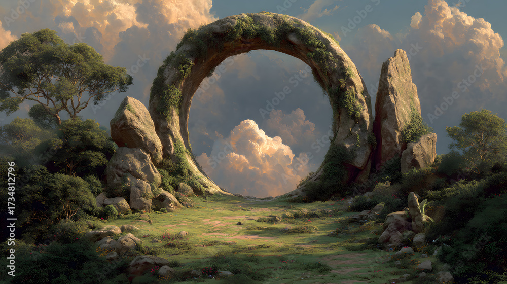 Fototapeta premium Magic Stone Portal Gate with a Glowing Light in a Surreal Fantasy Forest Landscape Scene