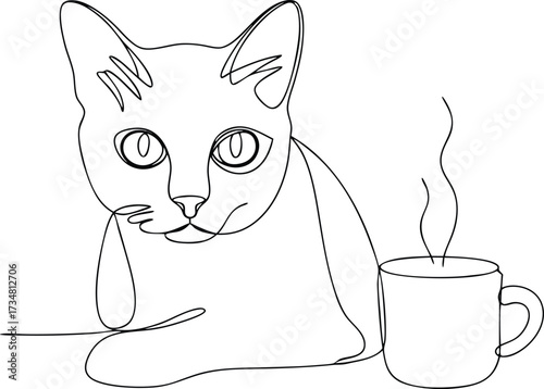 Continous line drawing line art a cat with a steaming cup coffee drink
