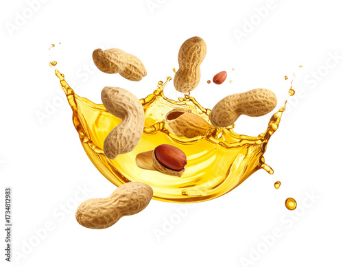 Realistic Peanut Oil Splash with Flying Peanuts, Transparent Background