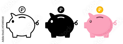 Piggy bank with Ruble coin Russian currency money icon saving, investment, finance, budgeting vector illustration.	