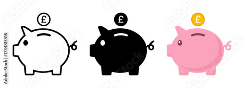 Piggy bank with Pound coin United Kingdom currency money icon saving, investment, finance, budgeting vector illustration.	