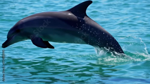 Jumping dolphin leaps from ocean waves, turquoise sea background. Suitable for wildlife, travel, and conservation materials