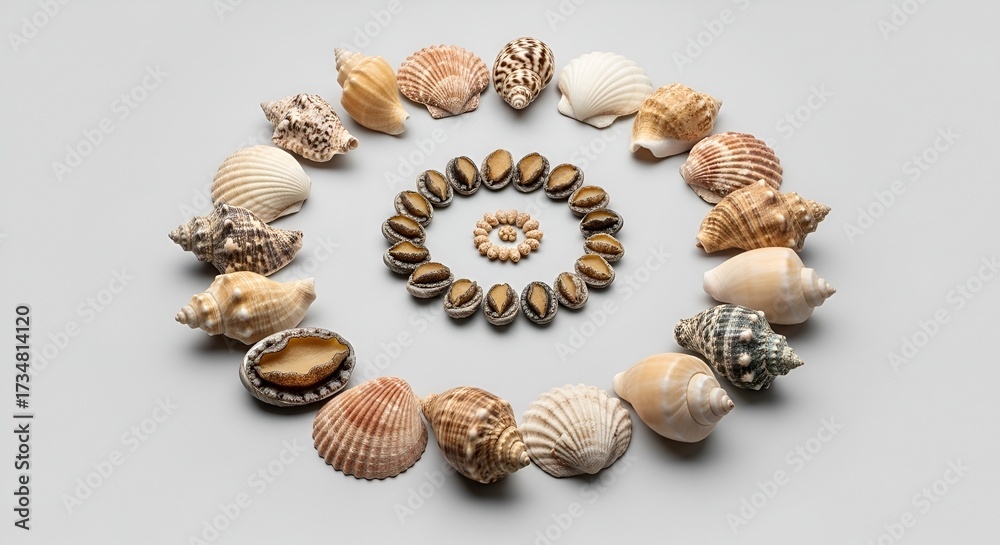 Fototapeta premium Creative spiral arrangement of seashells on neutral background.