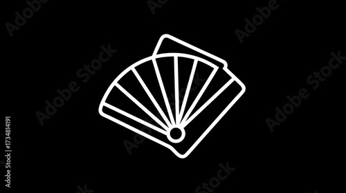 White outline icon of two hand fans, one open and one closed, on a black background. Minimalist vector illustration of folding fans.