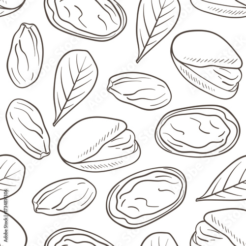 Seamless pattern of handdrawn nuts and leaves