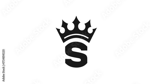 Stylized black letter S with a crown icon, elegant royal initial monogram symbol, modern minimalist design concept on white background.
