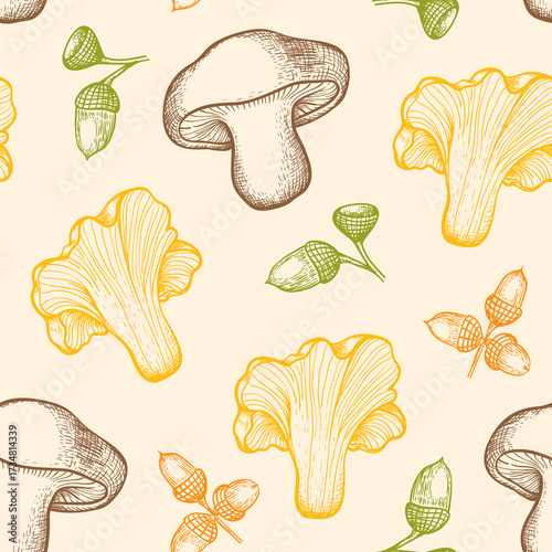 Seamless pattern of handdrawn mushrooms and acorns