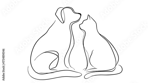 Minimalist one line art of a dog and cat. Elegant continuous stroke drawing of pet friendship and companionship.