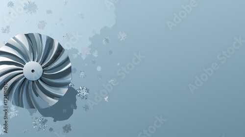 Abstract metallic turbine with swirling blades and falling snowflakes on a cool blue background, symbolizing winter technology and efficiency.