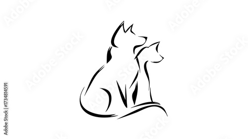 Minimalist line art illustration of a dog and a cat sitting together, symbolizing pet companionship and friendship. Simple vector graphic.