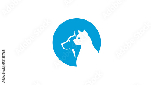 Minimalist blue circle icon with white silhouettes of a dog and a cat, representing pet care, veterinary services, or animal rescue and adoption.