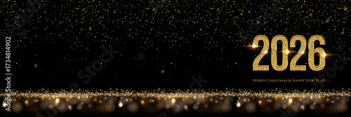 2026 Happy New Year greeting card vector background. 2026 golden numbers with falling confetti and glow light effects on black. Luxury festive sparkle holiday postcard, invitation, banner.