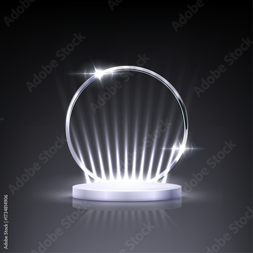 Silver award podium. Empty 3d platinum stage with glowing spotlight beams and circular frame on dark background. Luxury product presentation, glamour design for beauty industry. Vector illustration.