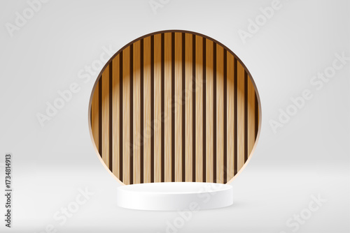 White round podium with wooden arch background. Product display stand. Cosmetic showcase pedestal, platform, stage for product presentation. 3d realistic vector illustration.