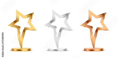 Award trophy set of golden, silver and bronze colors. Metal star shaped cups. Realistic vector illustration of winners cups for sport competition, business achievement, recognition.