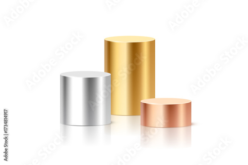 Metallic cylinder podium columns in silver, gold, and bronze colors. 3D cylindrical pedestal pillars for ranking, product display, award ceremony. Realistic vector illustration.