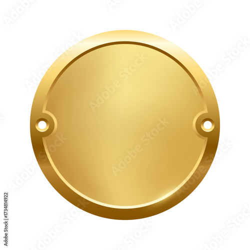 Blank golden nameplate plaque with screw holes. Metallic round label for engraving, signage, awards, door signs. Realistic vector illustration.