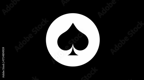 Minimalist Black Spade Card Suit Icon in a White Circle on a Solid Black Background for Graphic Design and Gaming Concepts