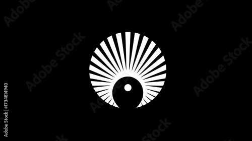 Abstract minimalist eye and sunburst design on black background. Modern geometric radial graphic symbol of vision, dawn, or spotlight concept.