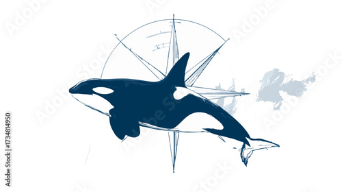 Hand-drawn orca (killer whale) with nautical compass rose illustration. Marine wildlife, ocean exploration, and adventure concept.